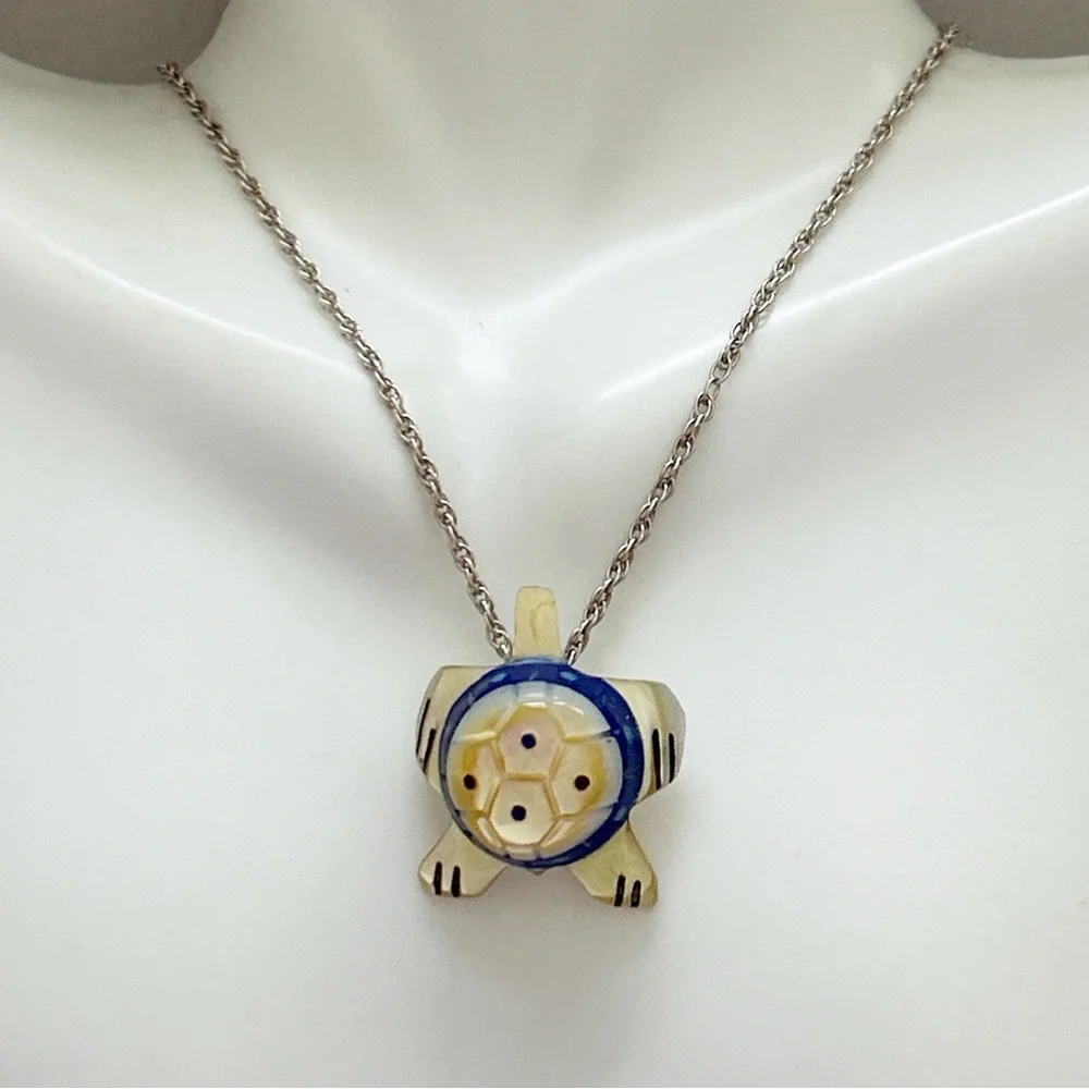 Vintage Southwestern Mother of Pearl Lapis Onyx Turtle Sterling Silver Necklace - Picture 2 of 9